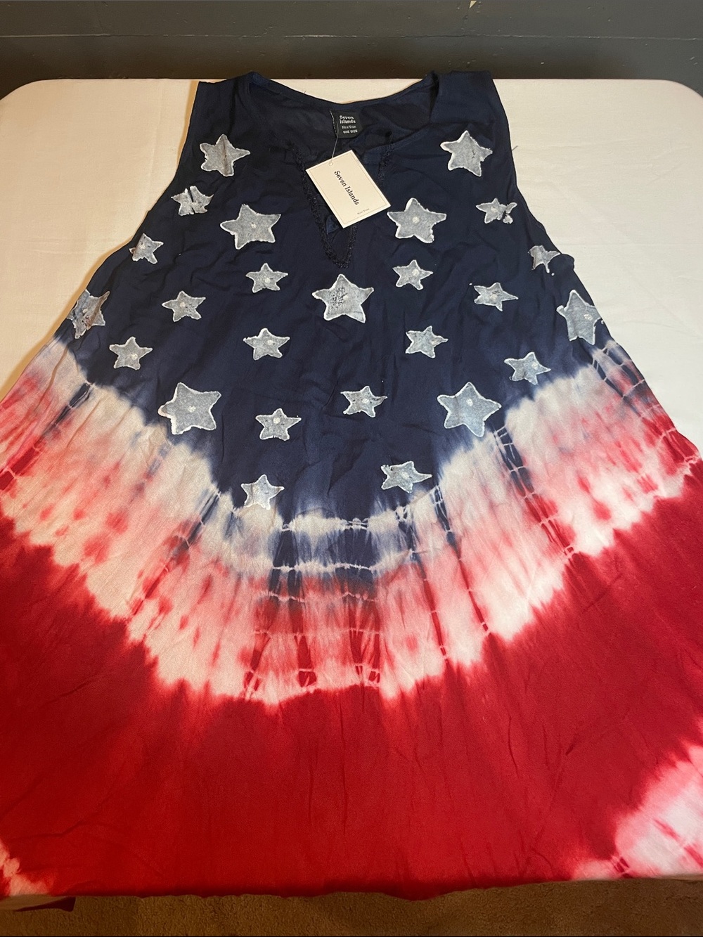 Tie-Dye One size fits all dress- Red White Blue with white stars.